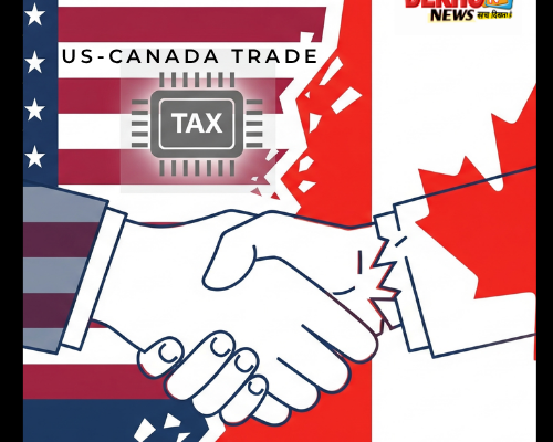 US and Canadian flags with a shattered bridge, symbolizing the collapse of trade talks due to a digital tax dispute.