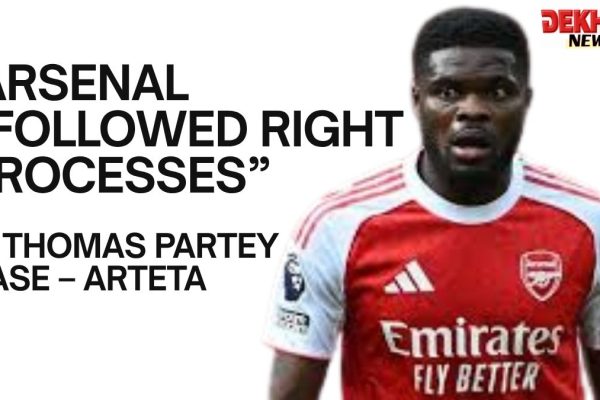 “Mikel Arteta speaks at Arsenal press conference on Thomas Partey case with serious expression, Arsenal logo in background”