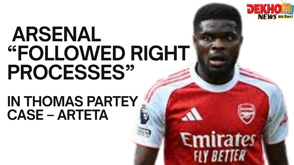 “Mikel Arteta speaks at Arsenal press conference on Thomas Partey case with serious expression, Arsenal logo in background”