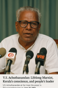 V.S. Achuthanandan addressing a public gathering in Kerala, symbolizing ethical politics and environmental advocacy