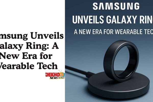 Samsung Galaxy Ring on a wireless charger with launch text highlighting its wearable tech debut