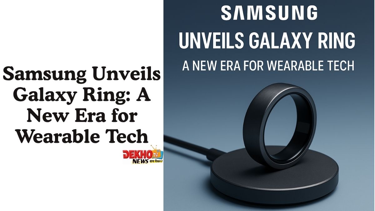 Samsung Galaxy Ring on a wireless charger with launch text highlighting its wearable tech debut