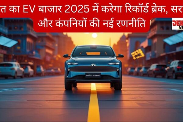 चार्जिंग स्टेशन से जुड़ा हुआ एक आधुनिक इलेक्ट्रिक वाहन, नीले आसमान के नीचे खड़ा, 2025 में भारत की EV क्रांति को दर्शाता हुआ