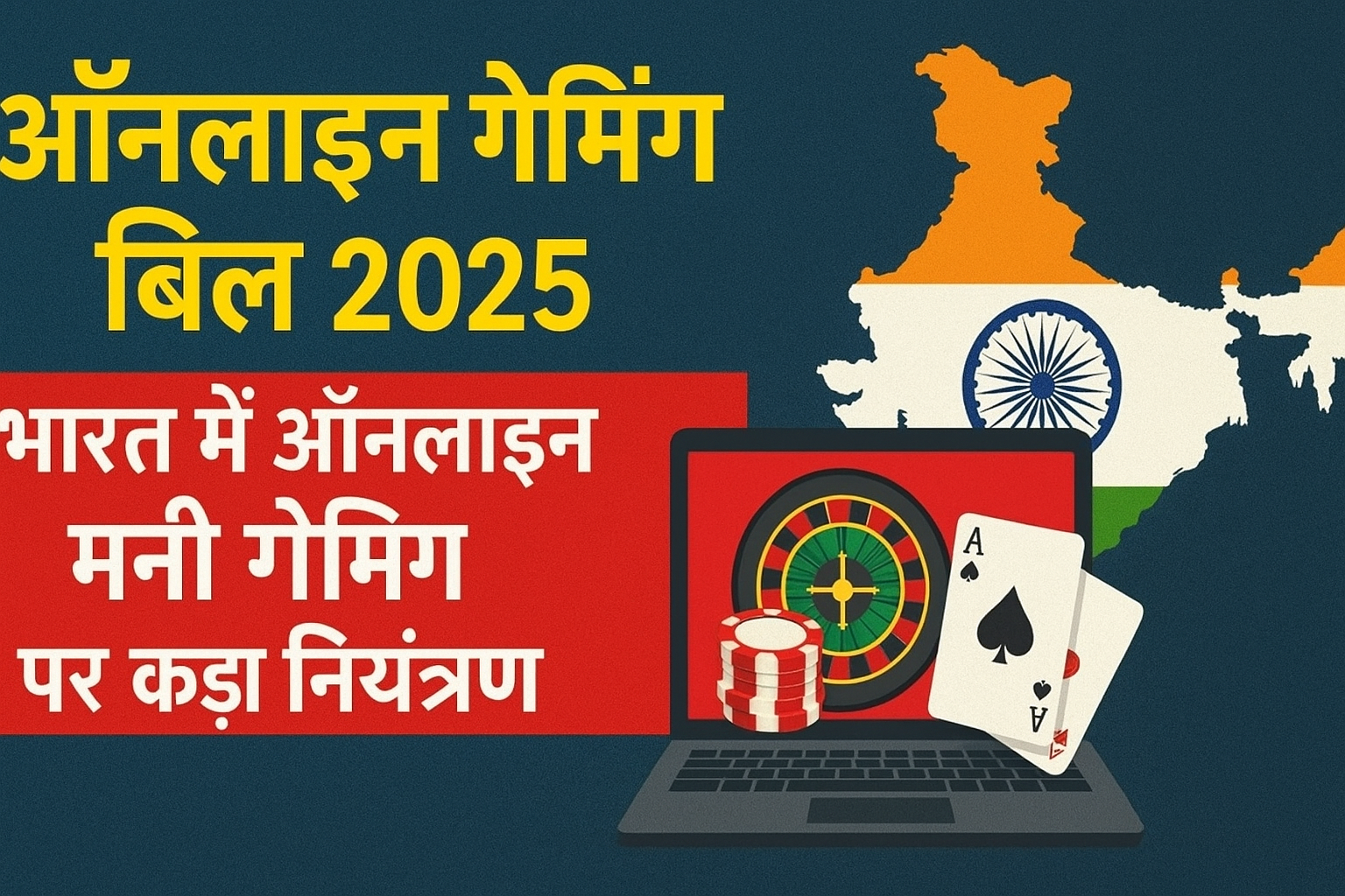 ऑनलाइन गेमिंग बिल 2025 के लिए फीचर इमेज, जिसमें स्पष्ट हिंदी टेक्स्ट, भारतीय संसद की सिल्हूट और ऑनलाइन मनी गेमिंग प्रतिबंध को दर्शाया गया है।