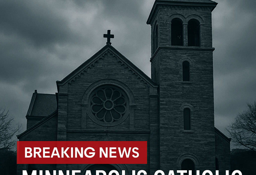 “Exterior of Minneapolis Catholic Church, site of the 2025 shooting incident, showing a somber atmosphere with cloudy sky”