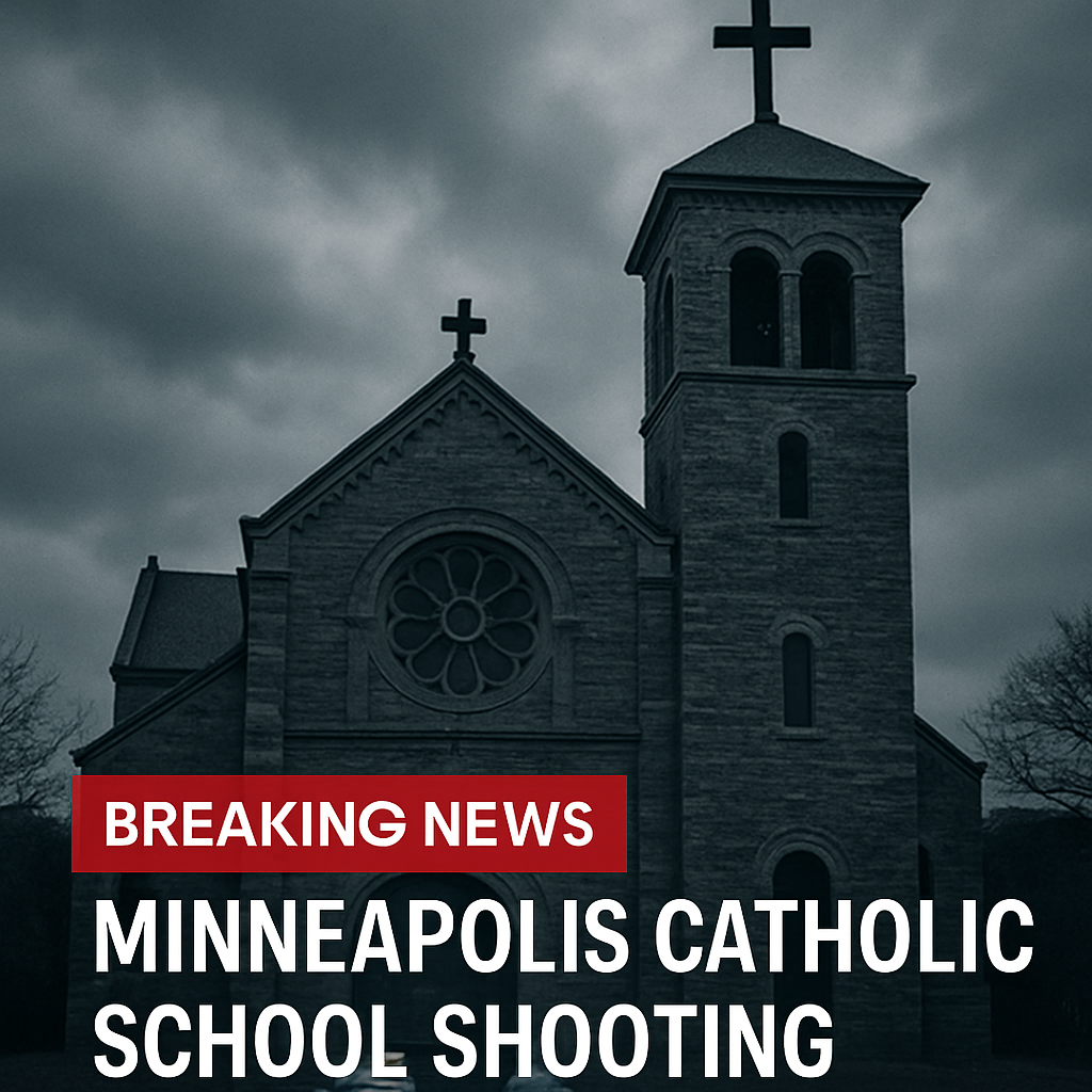 “Exterior of Minneapolis Catholic Church, site of the 2025 shooting incident, showing a somber atmosphere with cloudy sky”