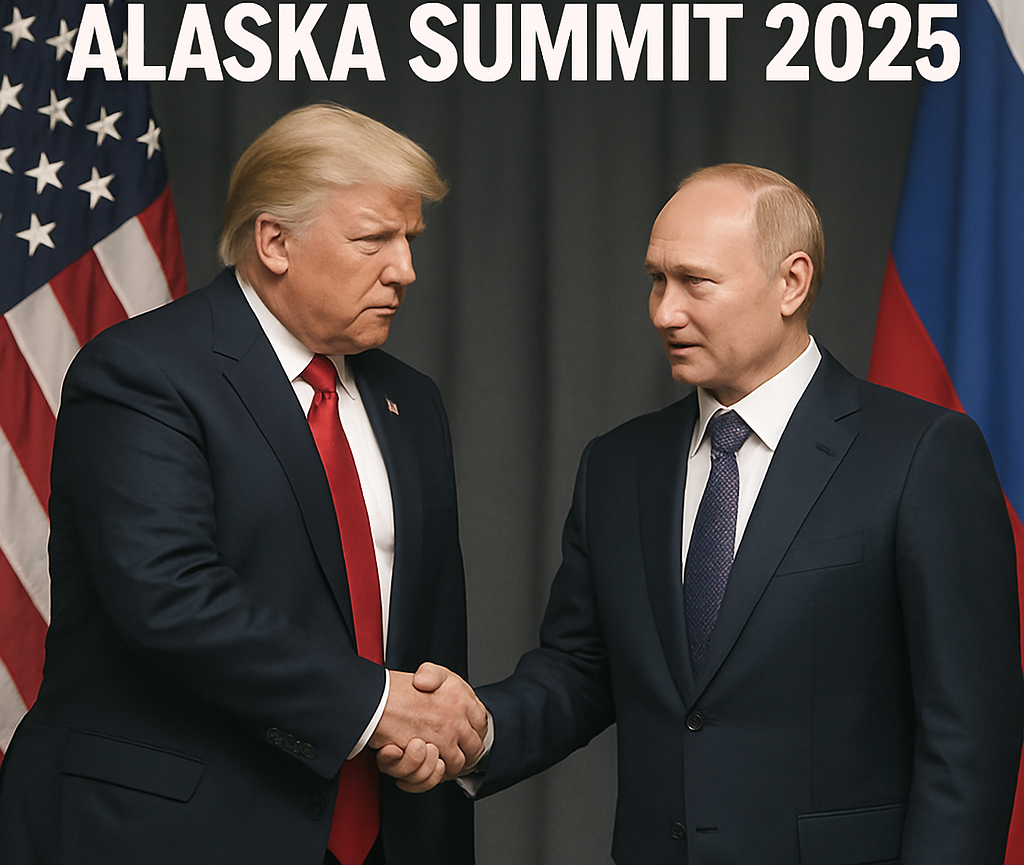 Feature image of Donald Trump and Vladimir Putin with text: No Deal: Trump-Putin Alaska Summit Highlights