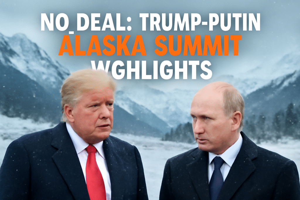 Feature image of Donald Trump and Vladimir Putin with text: No Deal: Trump-Putin Alaska Summit Highlights