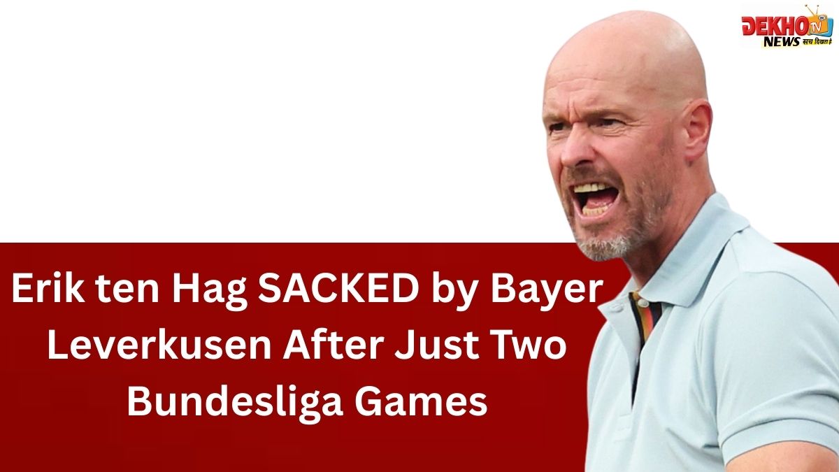 Erik ten Hag looking dejected on the sidelines during a Bayer Leverkusen vs. Werder Bremen Bundesliga match with intense football atmosphere