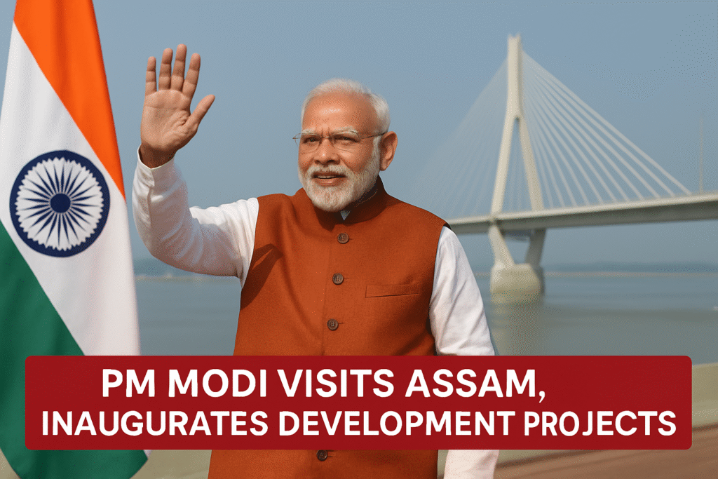 प्रधानमंत्री नरेंद्र मोदी का असम दौरा, विकास परियोजनाओं का उद्घाटन, कुरुवा-नरेंगी पुल का शिलान्यास।