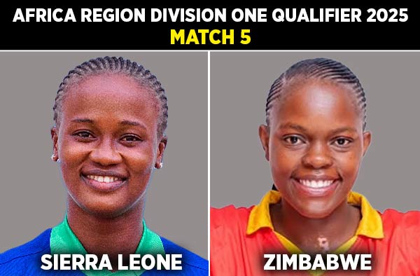 Sierra Leone Women vs Zimbabwe Women Africa Region Division One Qualifier 2025 Match 5 preview graphic showing team names and match title